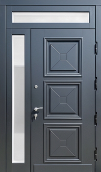 Входная термодверь с остеклением сбоку и сверху и панелями МДФ с багетом серого цвета Входная термодверь с остеклением сбоку и сверху и панелями МДФ с багетом серого цвета